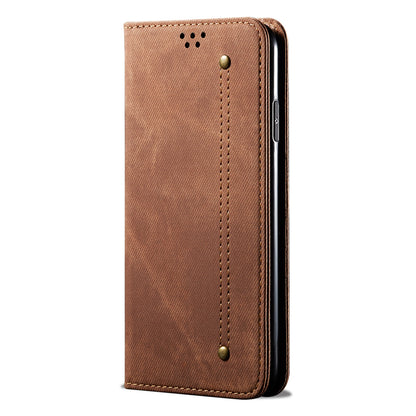 ELECTROPRIME For iPhone 15 Denim Texture Casual Style Horizontal Flip Leather Case(Brown)