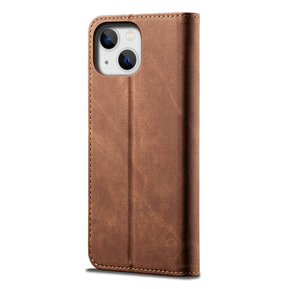 ELECTROPRIME For iPhone 15 Denim Texture Casual Style Horizontal Flip Leather Case(Brown)