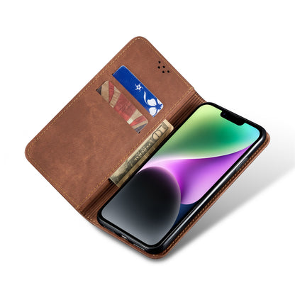 ELECTROPRIME For iPhone 15 Denim Texture Casual Style Horizontal Flip Leather Case(Brown)