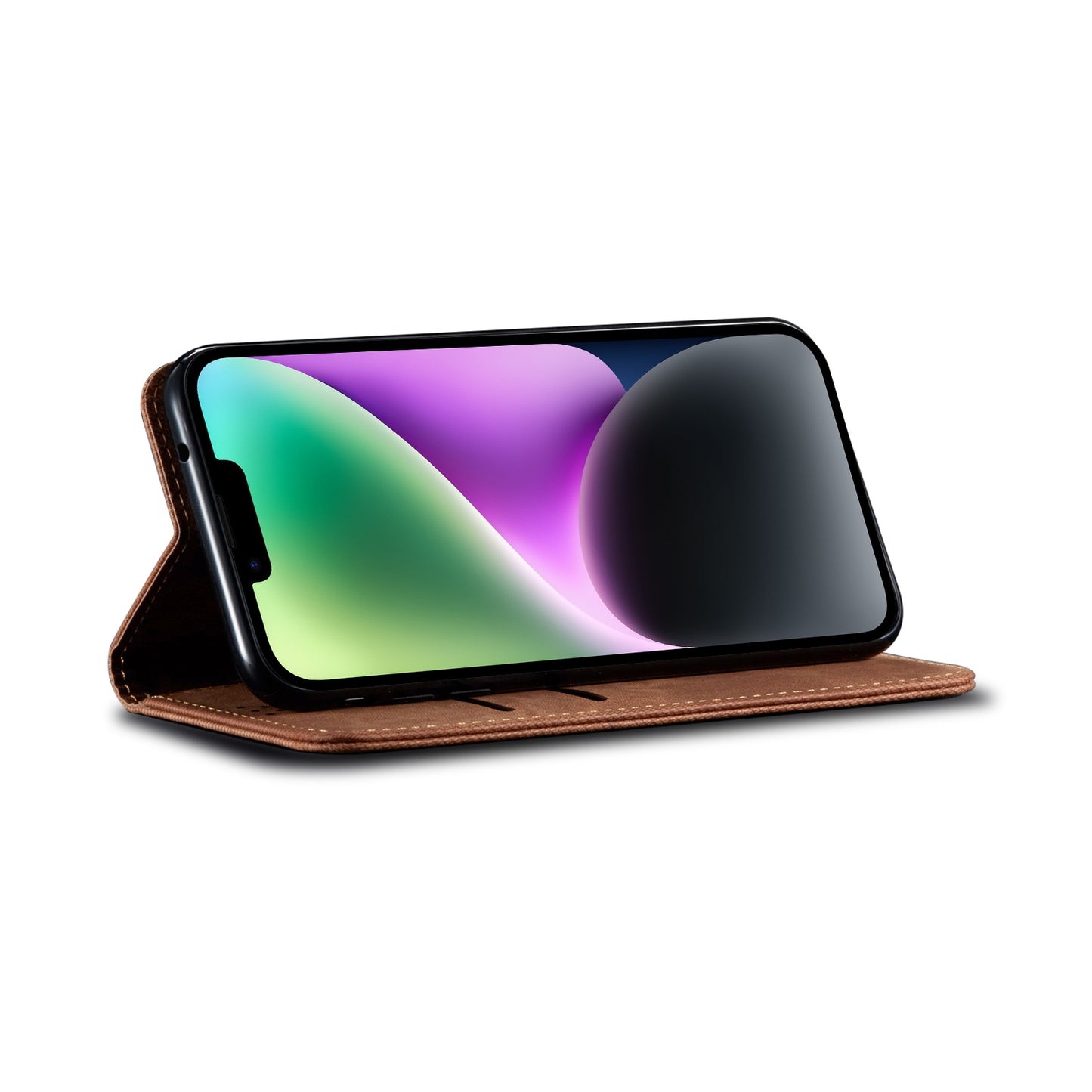 ELECTROPRIME For iPhone 15 Denim Texture Casual Style Horizontal Flip Leather Case(Brown)