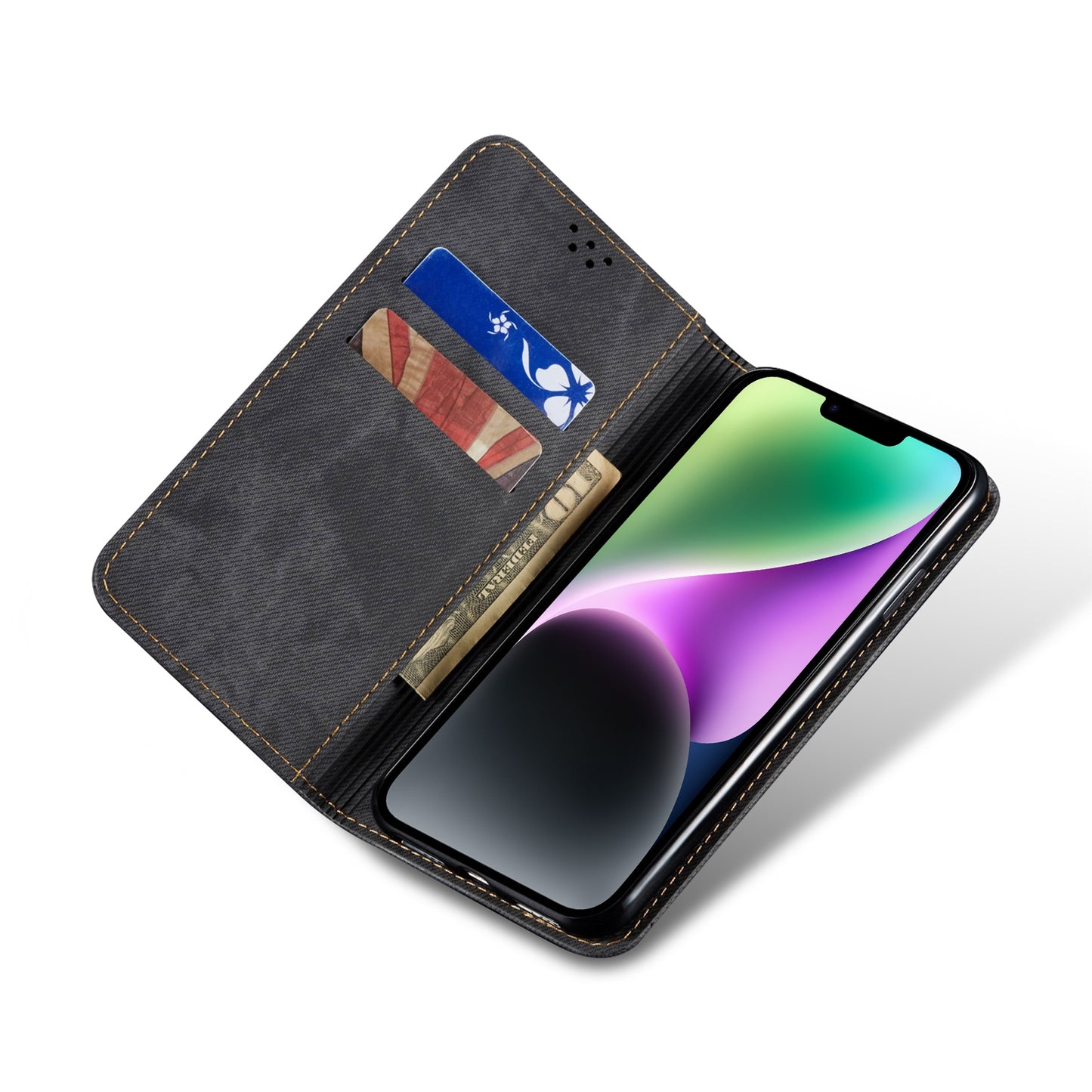 ELECTROPRIME For iPhone 15 Denim Texture Casual Style Horizontal Flip Leather Case(Black)