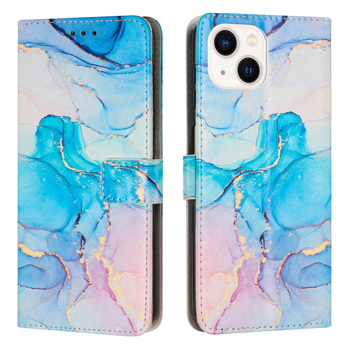 ELECTROPRIME For iPhone 15 Plus Painted Marble Pattern Leather Phone Case(Pink Green)