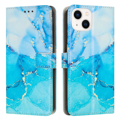 ELECTROPRIME For iPhone 15 Painted Marble Pattern Leather Phone Case(Blue Green)