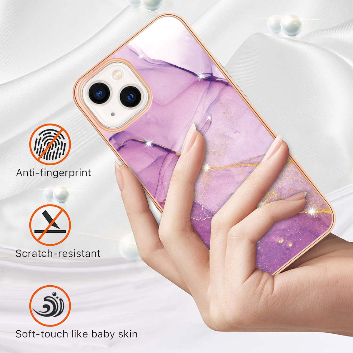 ELECTROPRIME Electroplating Marble Pattern Dual-side IMD TPU Shockproof Phone Case For iPhone 15 Plus(Purple 001)