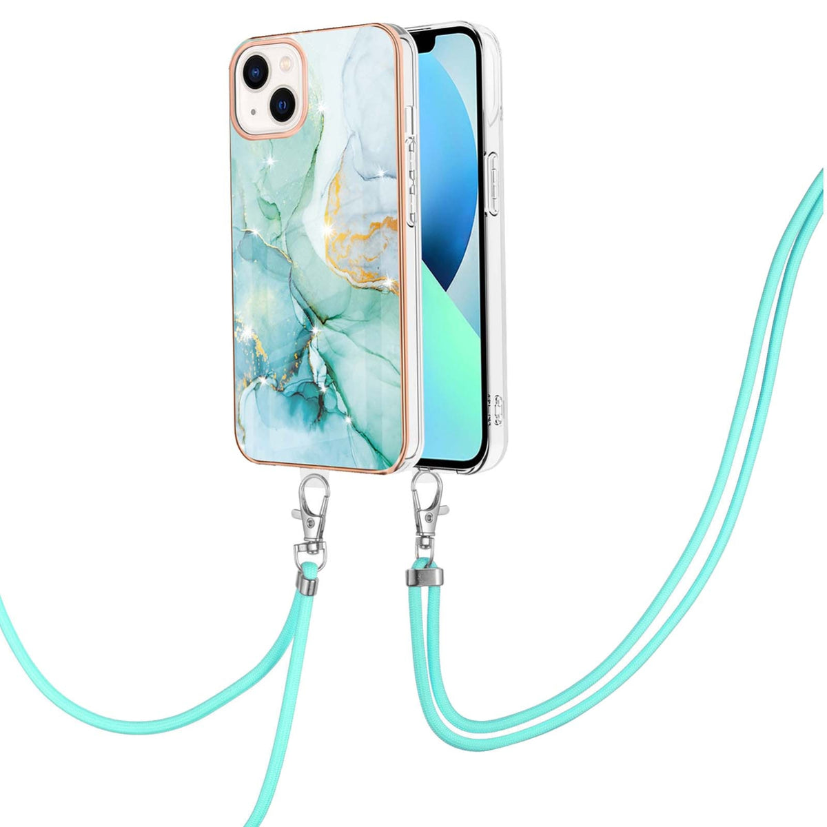 ELECTROPRIME For iPhone 15 Electroplating Marble Pattern IMD TPU Shockproof Case with Neck Lanyard(Green 003)