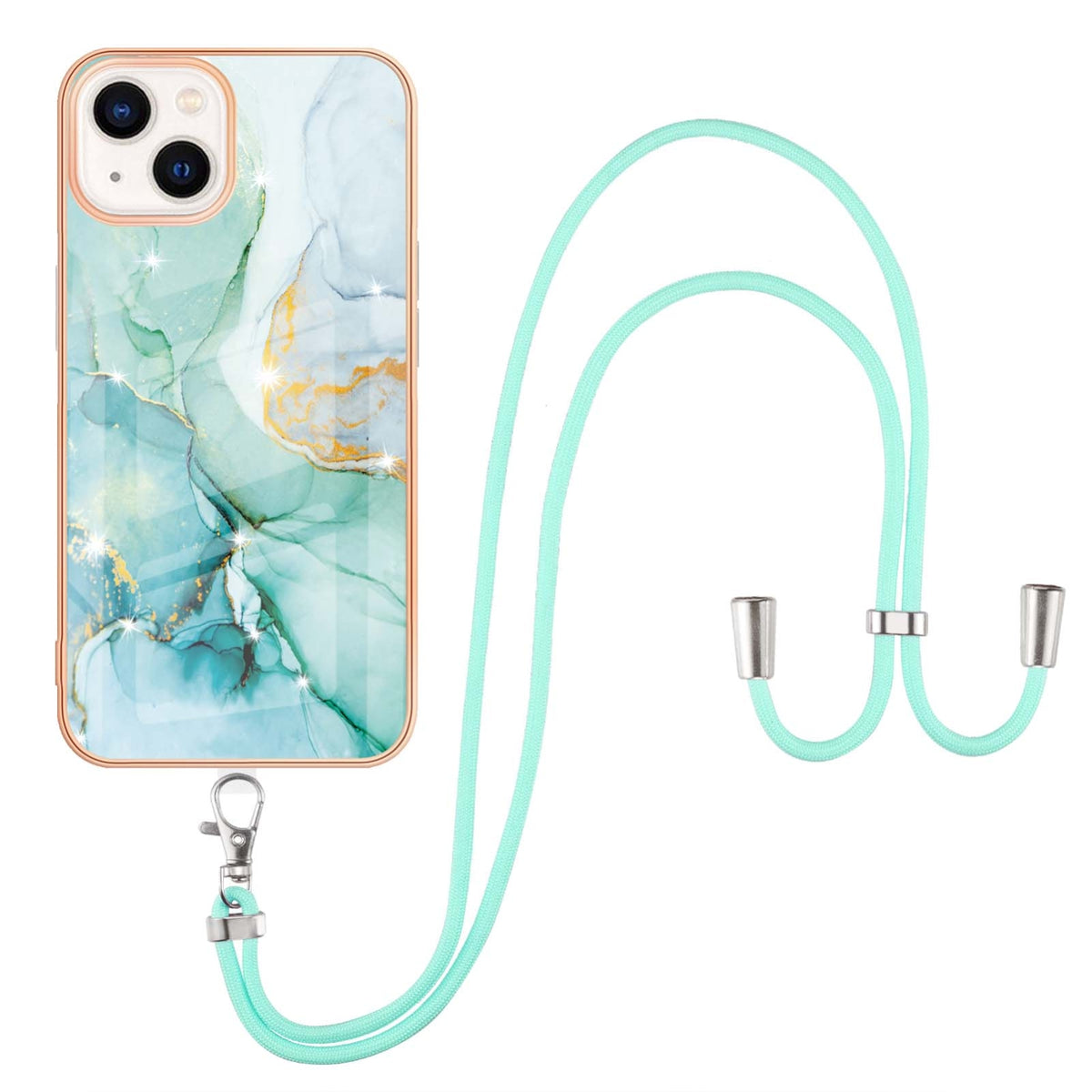 ELECTROPRIME For iPhone 15 Electroplating Marble Pattern IMD TPU Shockproof Case with Neck Lanyard(Green 003)