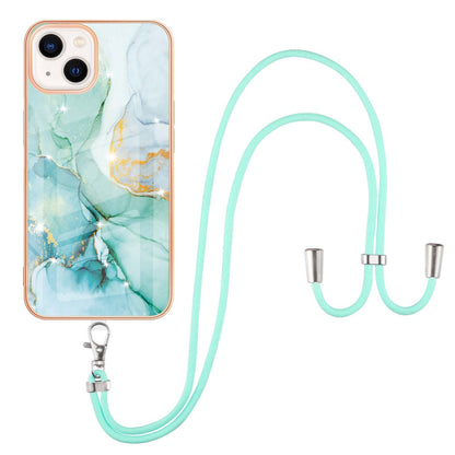 ELECTROPRIME For iPhone 15 Electroplating Marble Pattern IMD TPU Shockproof Case with Neck Lanyard(Green 003)