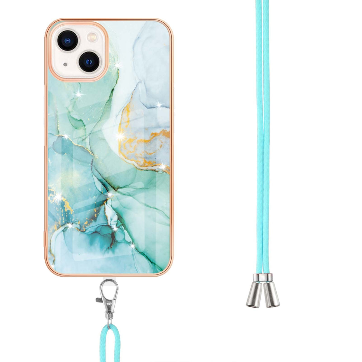 ELECTROPRIME For iPhone 15 Electroplating Marble Pattern IMD TPU Shockproof Case with Neck Lanyard(Green 003)