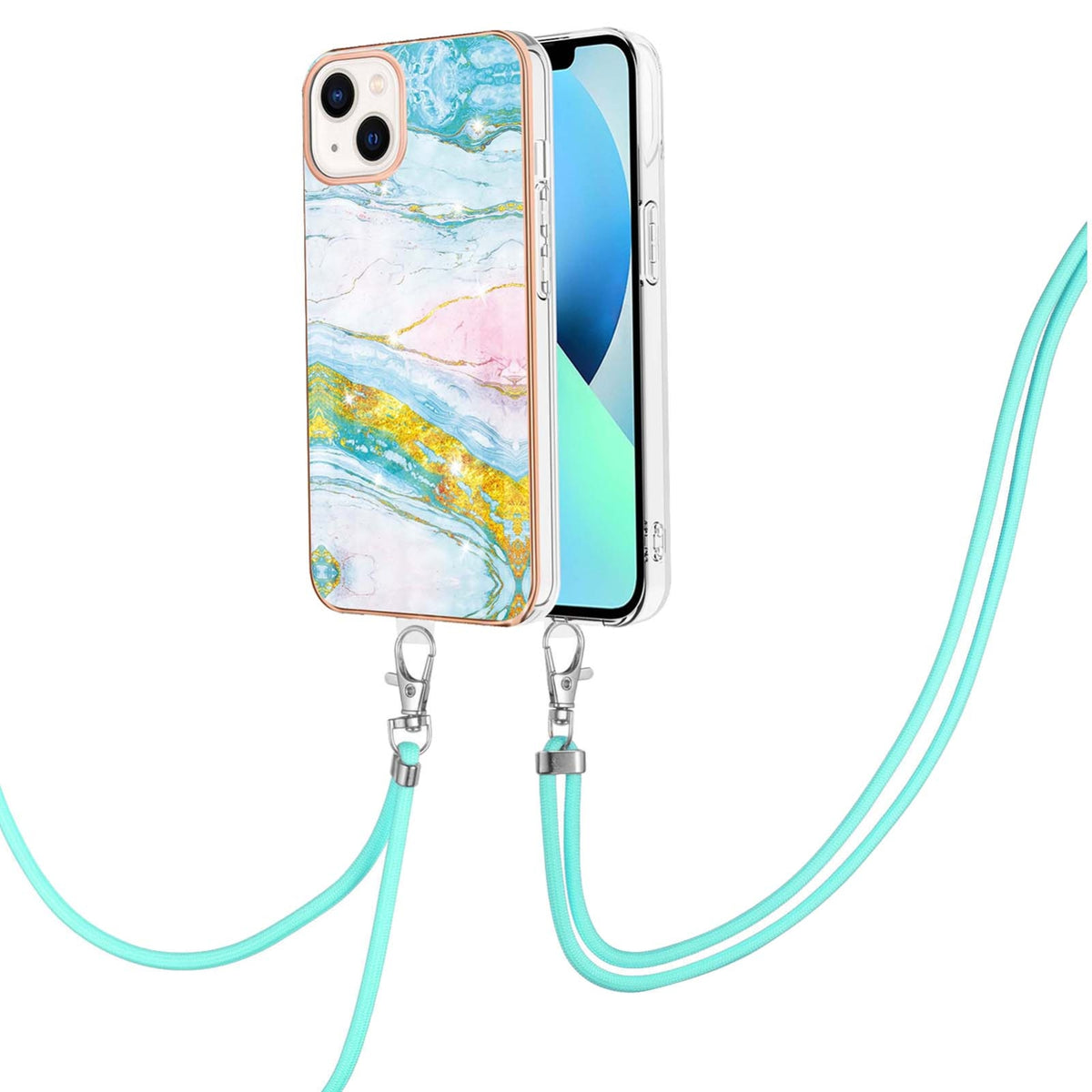ELECTROPRIME For iPhone 15 Electroplating Marble Pattern IMD TPU Shockproof Case with Neck Lanyard(Green 004)