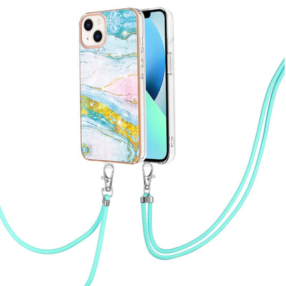 ELECTROPRIME For iPhone 15 Electroplating Marble Pattern IMD TPU Shockproof Case with Neck Lanyard(Green 004)
