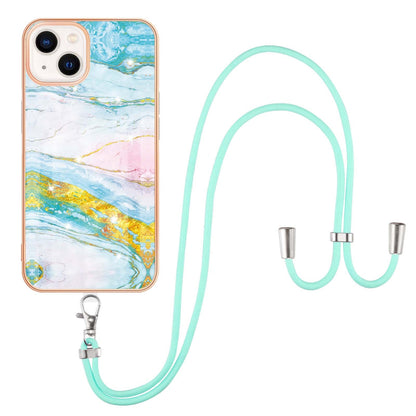 ELECTROPRIME For iPhone 15 Electroplating Marble Pattern IMD TPU Shockproof Case with Neck Lanyard(Green 004)