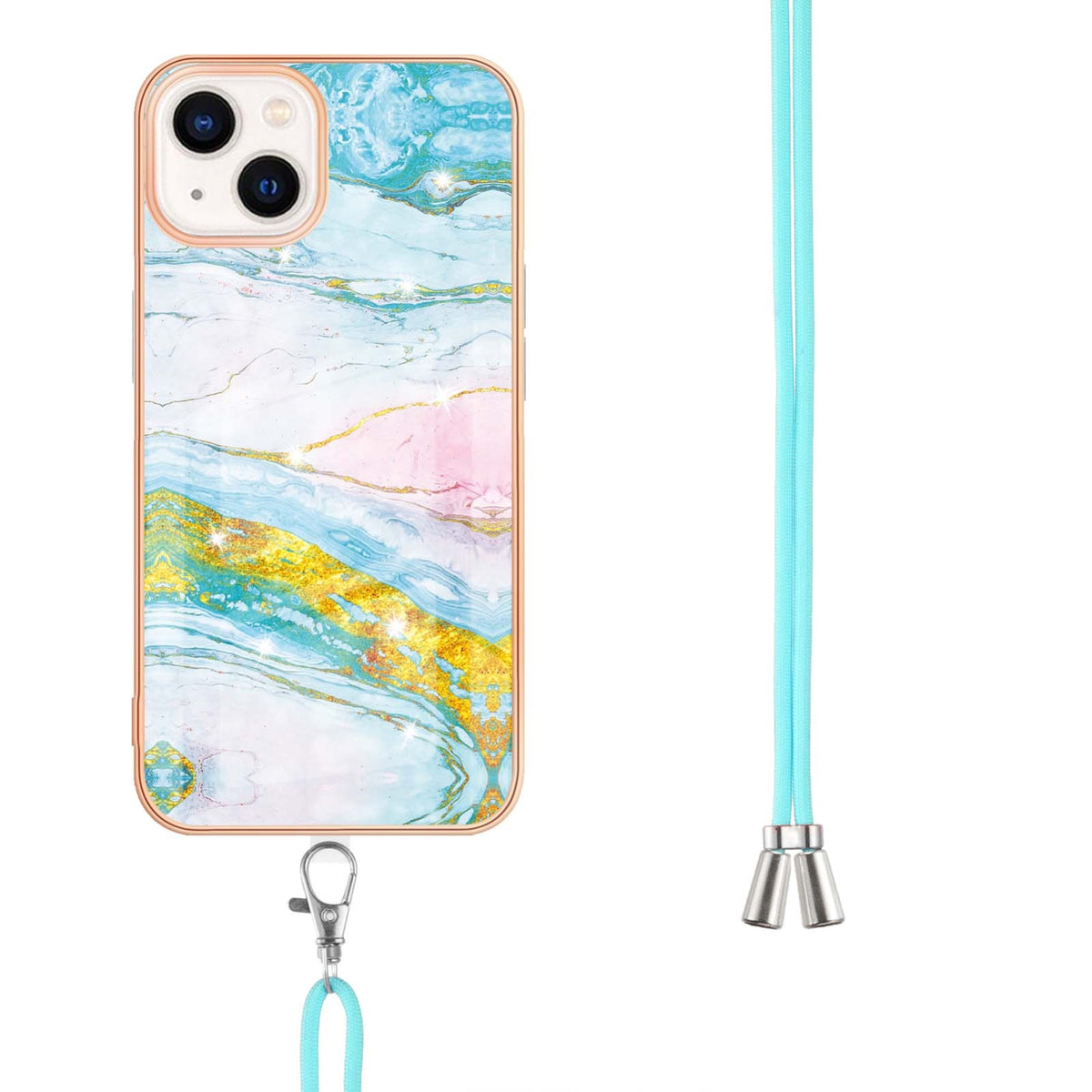 ELECTROPRIME For iPhone 15 Electroplating Marble Pattern IMD TPU Shockproof Case with Neck Lanyard(Green 004)