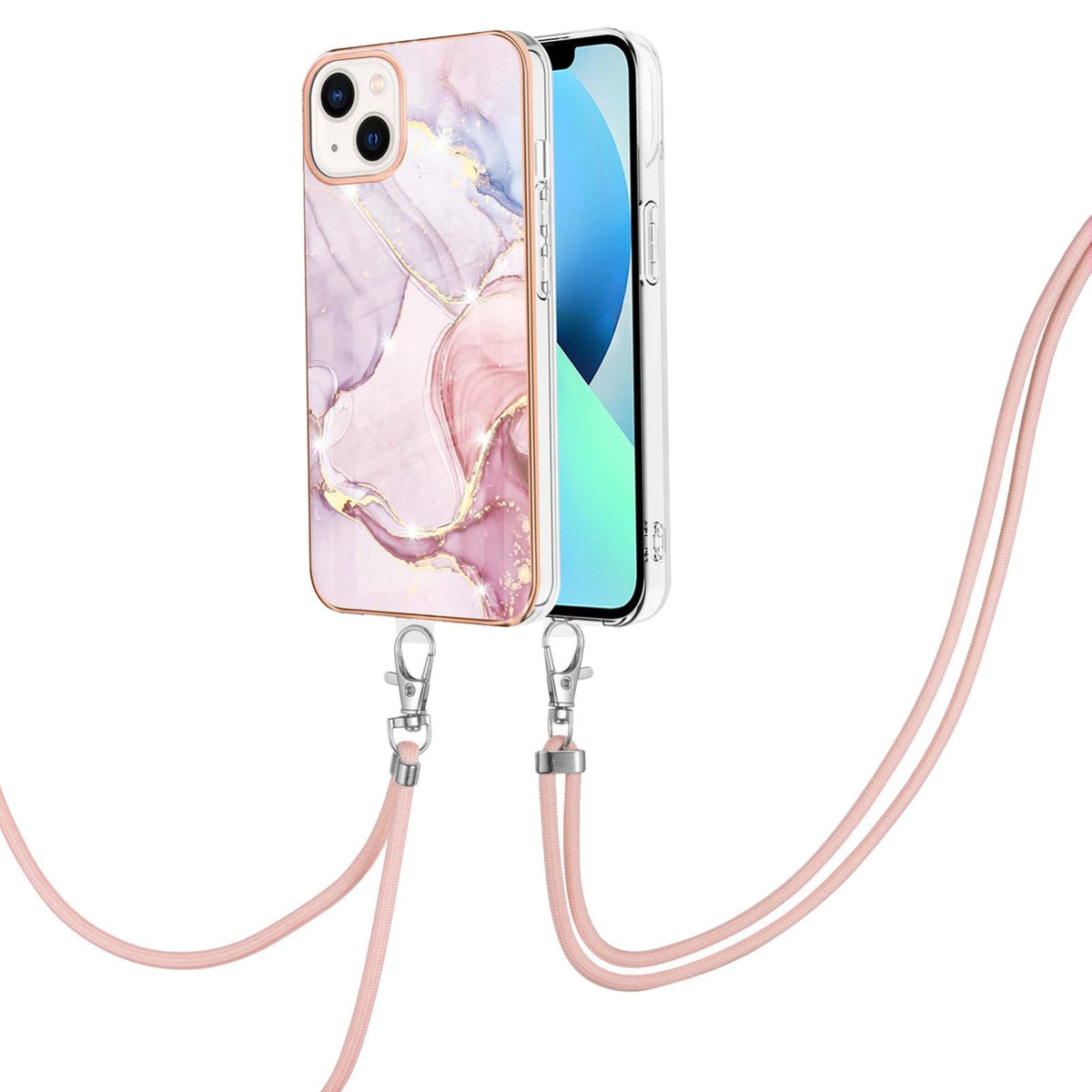 ELECTROPRIME For iPhone 15 Electroplating Marble Pattern IMD TPU Shockproof Case with Neck Lanyard(Rose Gold 005)