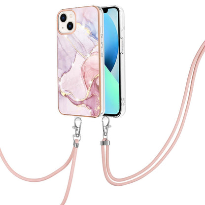 ELECTROPRIME For iPhone 15 Electroplating Marble Pattern IMD TPU Shockproof Case with Neck Lanyard(Rose Gold 005)