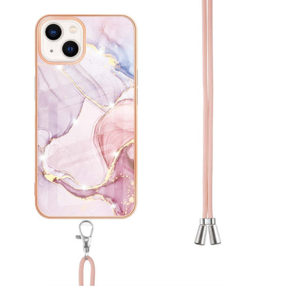 ELECTROPRIME For iPhone 15 Electroplating Marble Pattern IMD TPU Shockproof Case with Neck Lanyard(Rose Gold 005)