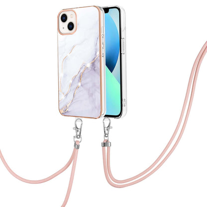 ELECTROPRIME For iPhone 15 Electroplating Marble Pattern IMD TPU Shockproof Case with Neck Lanyard(White 006)