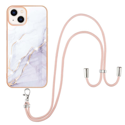 ELECTROPRIME For iPhone 15 Electroplating Marble Pattern IMD TPU Shockproof Case with Neck Lanyard(White 006)