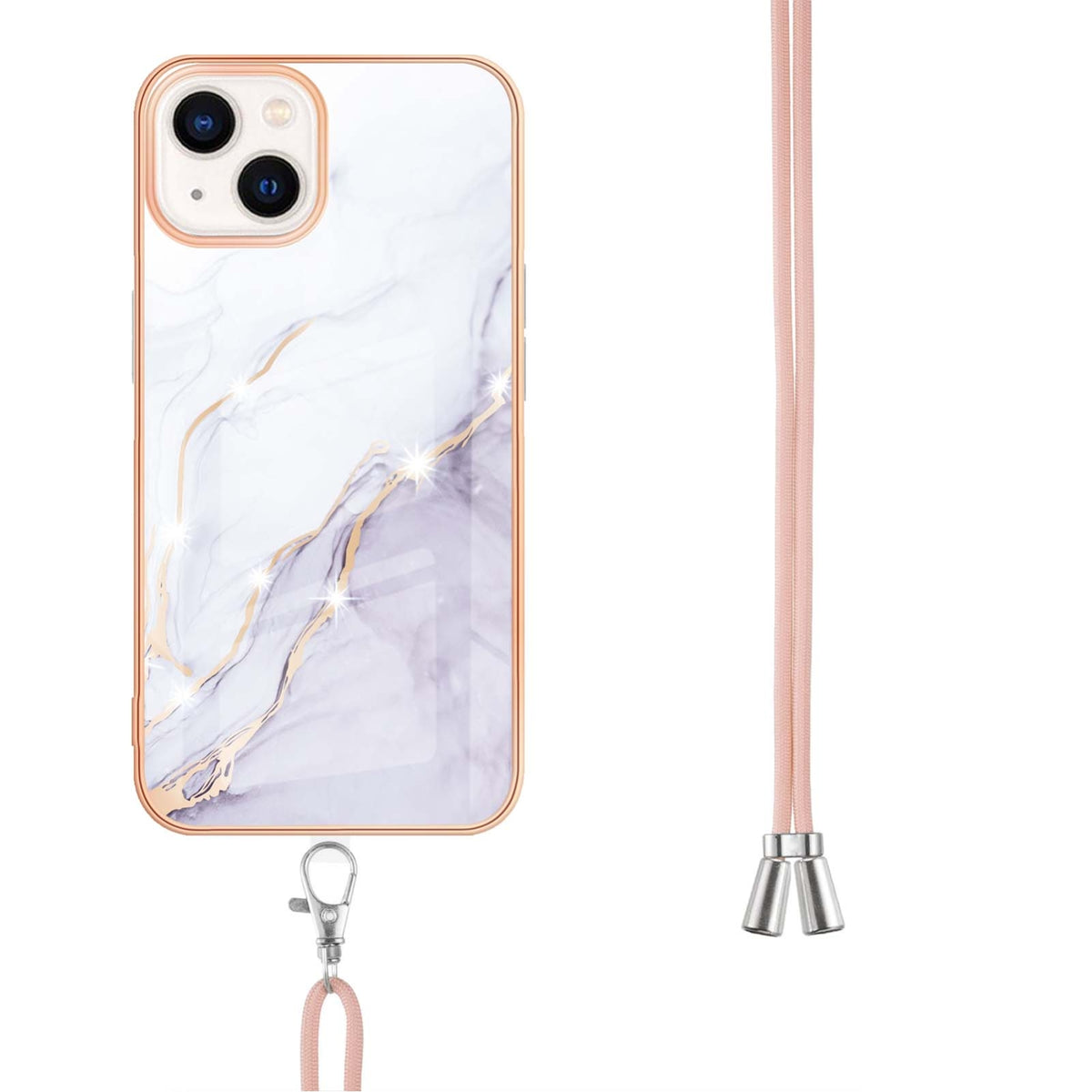 ELECTROPRIME For iPhone 15 Electroplating Marble Pattern IMD TPU Shockproof Case with Neck Lanyard(White 006)