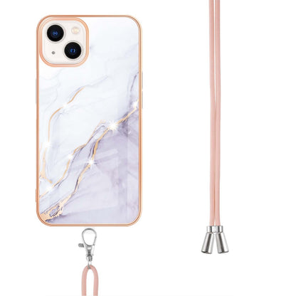ELECTROPRIME For iPhone 15 Electroplating Marble Pattern IMD TPU Shockproof Case with Neck Lanyard(White 006)