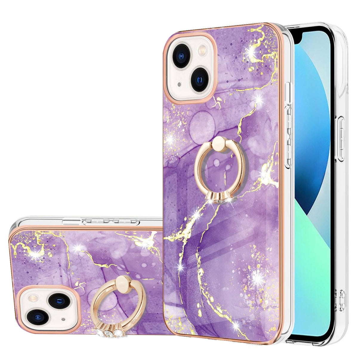 ELECTROPRIME For iPhone 15 Electroplating Marble Pattern IMD TPU Shockproof Case with Ring Holder(Purple 002)