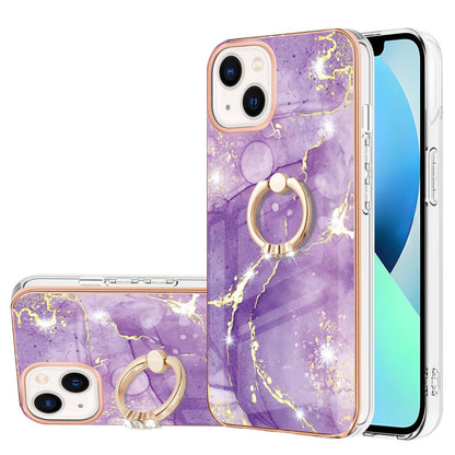 ELECTROPRIME For iPhone 15 Electroplating Marble Pattern IMD TPU Shockproof Case with Ring Holder(Purple 002)
