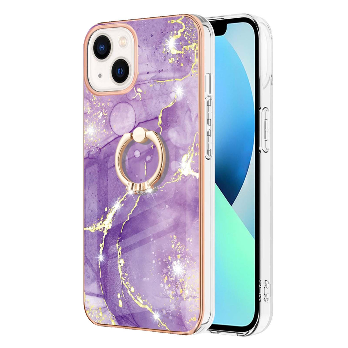 ELECTROPRIME For iPhone 15 Electroplating Marble Pattern IMD TPU Shockproof Case with Ring Holder(Purple 002)