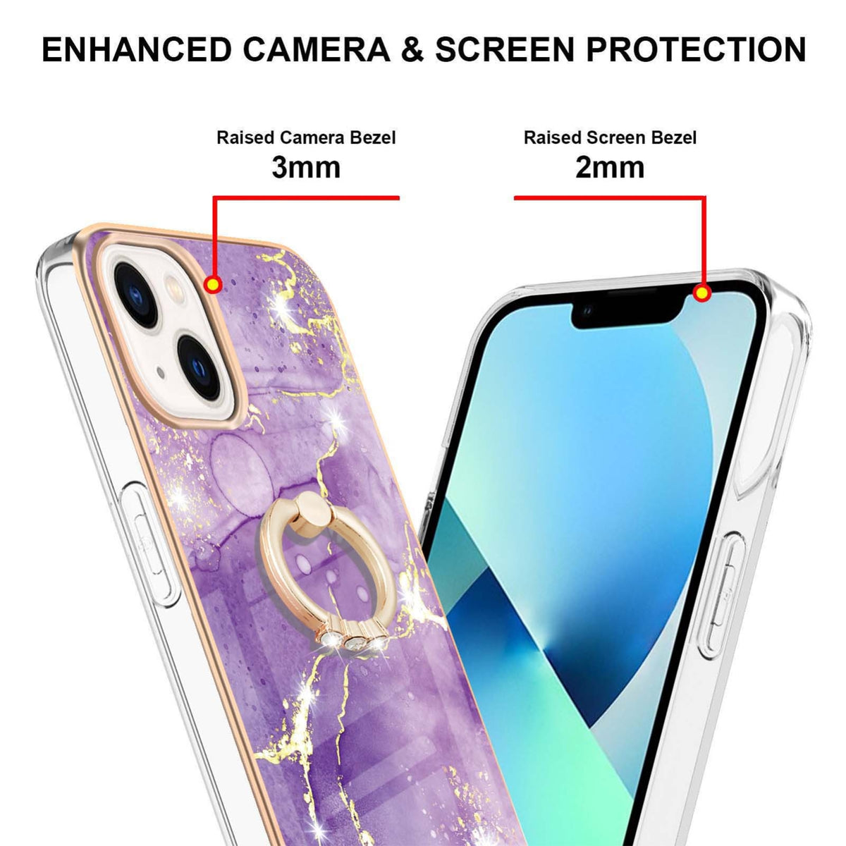 ELECTROPRIME For iPhone 15 Electroplating Marble Pattern IMD TPU Shockproof Case with Ring Holder(Purple 002)
