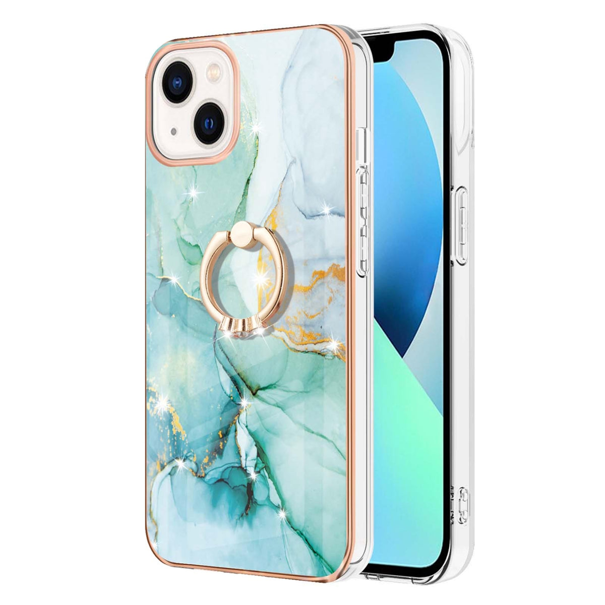 ELECTROPRIME For iPhone 15 Electroplating Marble Pattern IMD TPU Shockproof Case with Ring Holder(Green 003)