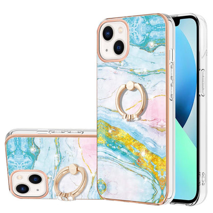 ELECTROPRIME For iPhone 15 Electroplating Marble Pattern IMD TPU Shockproof Case with Ring Holder(Green 004)