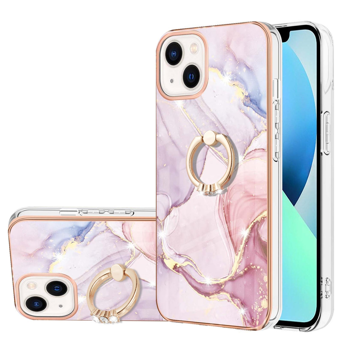 ELECTROPRIME For iPhone 15 Electroplating Marble Pattern IMD TPU Shockproof Case with Ring Holder(Rose Gold 005)