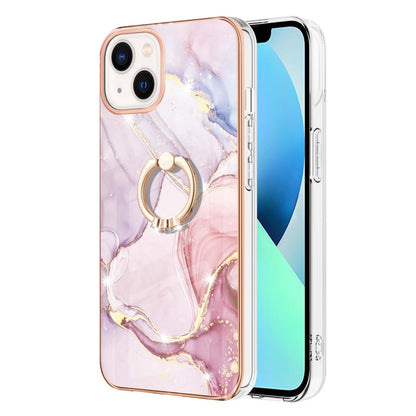 ELECTROPRIME For iPhone 15 Electroplating Marble Pattern IMD TPU Shockproof Case with Ring Holder(Rose Gold 005)