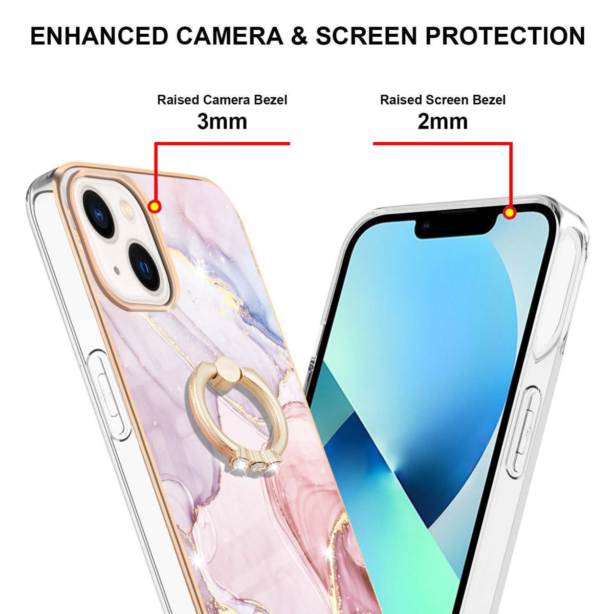 ELECTROPRIME For iPhone 15 Electroplating Marble Pattern IMD TPU Shockproof Case with Ring Holder(Rose Gold 005)