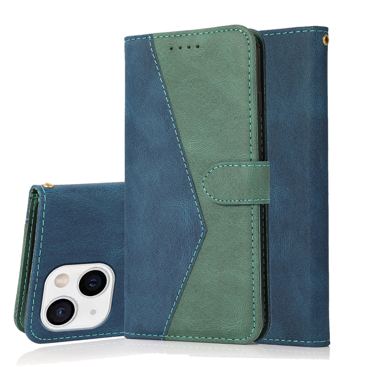 ELECTROPRIME For iPhone 15 Dual-color Stitching Leather Phone Case(Blue Green)