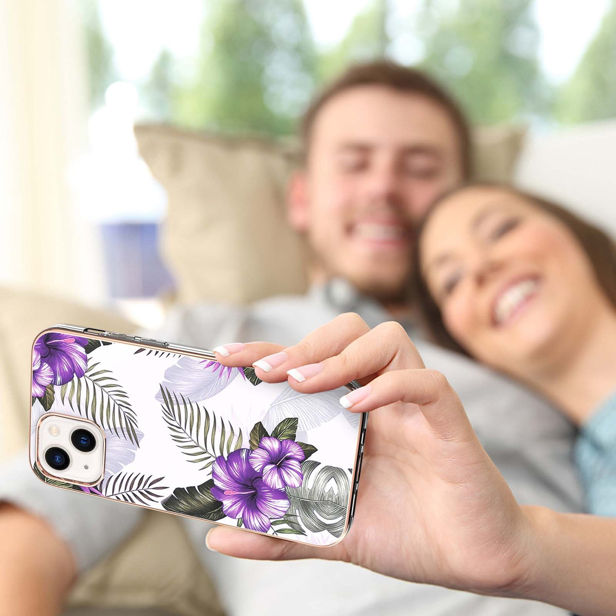 ELECTROPRIME For iPhone 15 Electroplating Pattern IMD TPU Shockproof Case(Purple Flower)