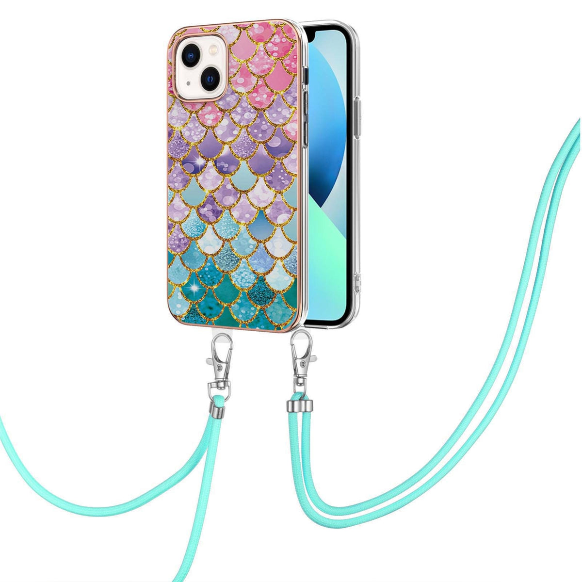 ELECTROPRIME For iPhone 15 Electroplating Pattern IMD TPU Shockproof Case with Neck Lanyard(Colorful Scales)