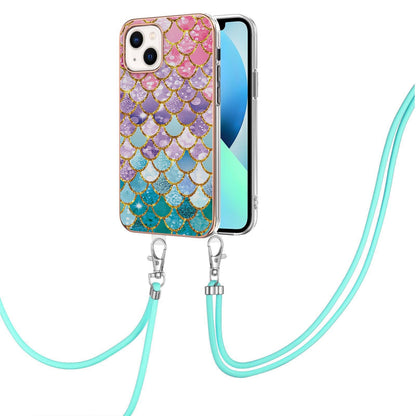 ELECTROPRIME For iPhone 15 Electroplating Pattern IMD TPU Shockproof Case with Neck Lanyard(Colorful Scales)