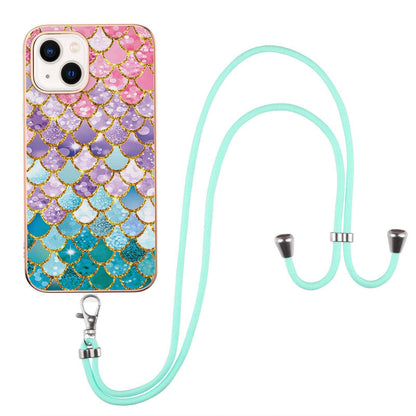 ELECTROPRIME For iPhone 15 Electroplating Pattern IMD TPU Shockproof Case with Neck Lanyard(Colorful Scales)