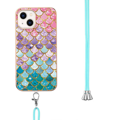 ELECTROPRIME For iPhone 15 Electroplating Pattern IMD TPU Shockproof Case with Neck Lanyard(Colorful Scales)