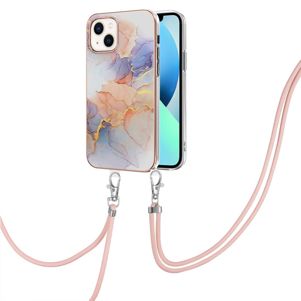 ELECTROPRIME For iPhone 15 Electroplating Pattern IMD TPU Shockproof Case with Neck Lanyard(Milky Way White Marble)