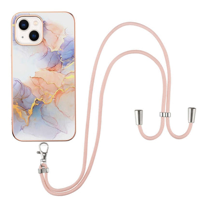 ELECTROPRIME For iPhone 15 Electroplating Pattern IMD TPU Shockproof Case with Neck Lanyard(Milky Way White Marble)