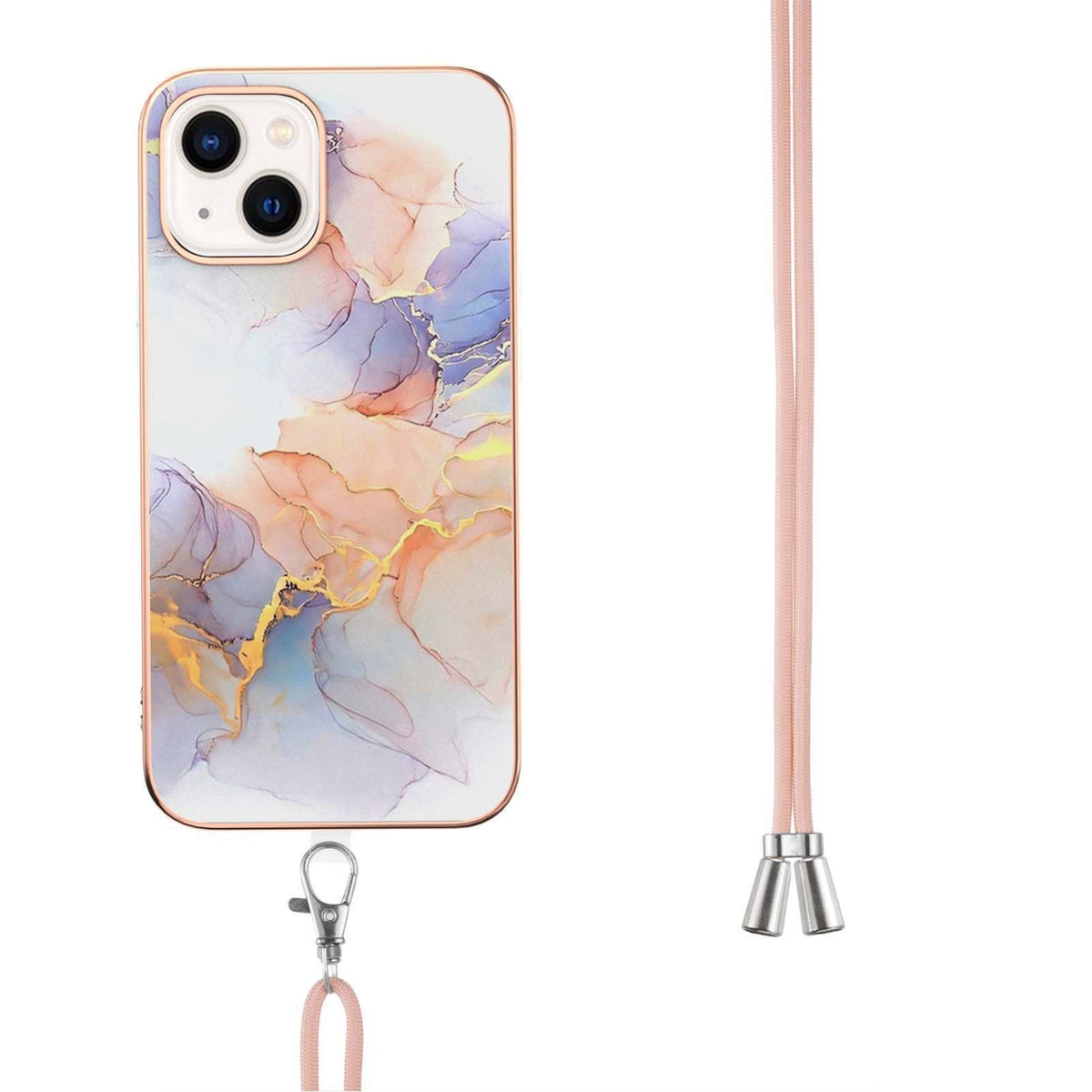 ELECTROPRIME For iPhone 15 Electroplating Pattern IMD TPU Shockproof Case with Neck Lanyard(Milky Way White Marble)