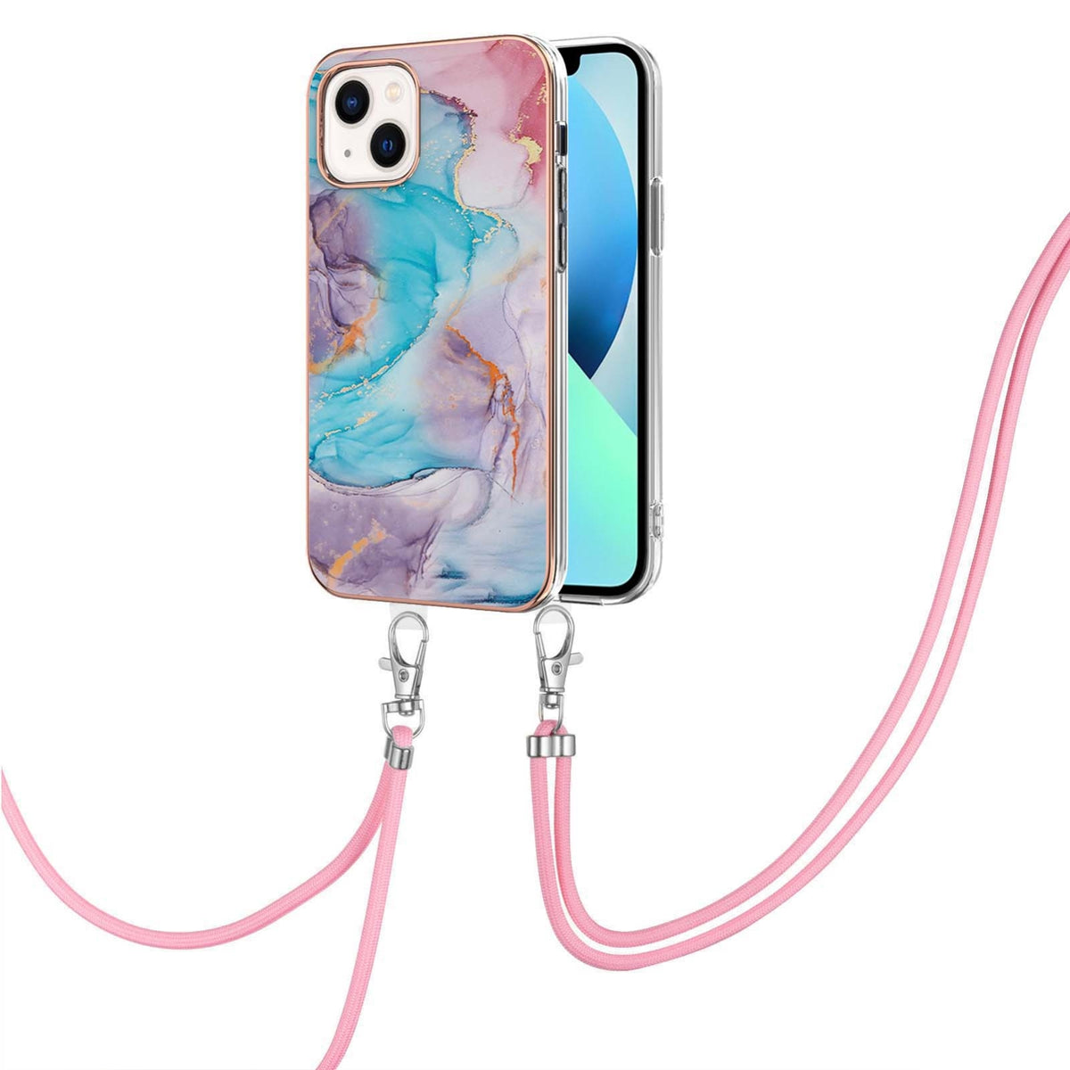 ELECTROPRIME For iPhone 15 Electroplating Pattern IMD TPU Shockproof Case with Neck Lanyard(Milky Way Blue Marble)