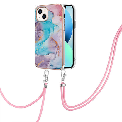 ELECTROPRIME For iPhone 15 Electroplating Pattern IMD TPU Shockproof Case with Neck Lanyard(Milky Way Blue Marble)