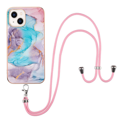 ELECTROPRIME For iPhone 15 Electroplating Pattern IMD TPU Shockproof Case with Neck Lanyard(Milky Way Blue Marble)