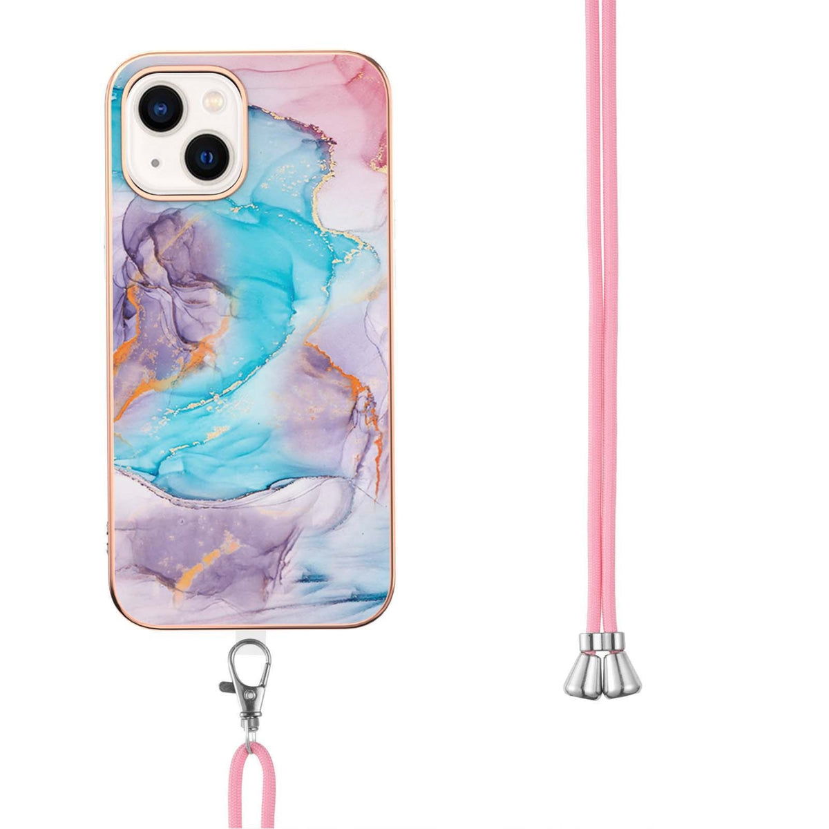 ELECTROPRIME For iPhone 15 Electroplating Pattern IMD TPU Shockproof Case with Neck Lanyard(Milky Way Blue Marble)
