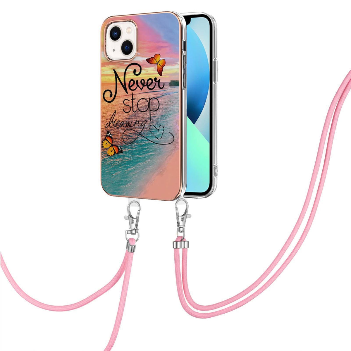ELECTROPRIME For iPhone 15 Electroplating Pattern IMD TPU Shockproof Case with Neck Lanyard(Dream Chasing Butterfly)