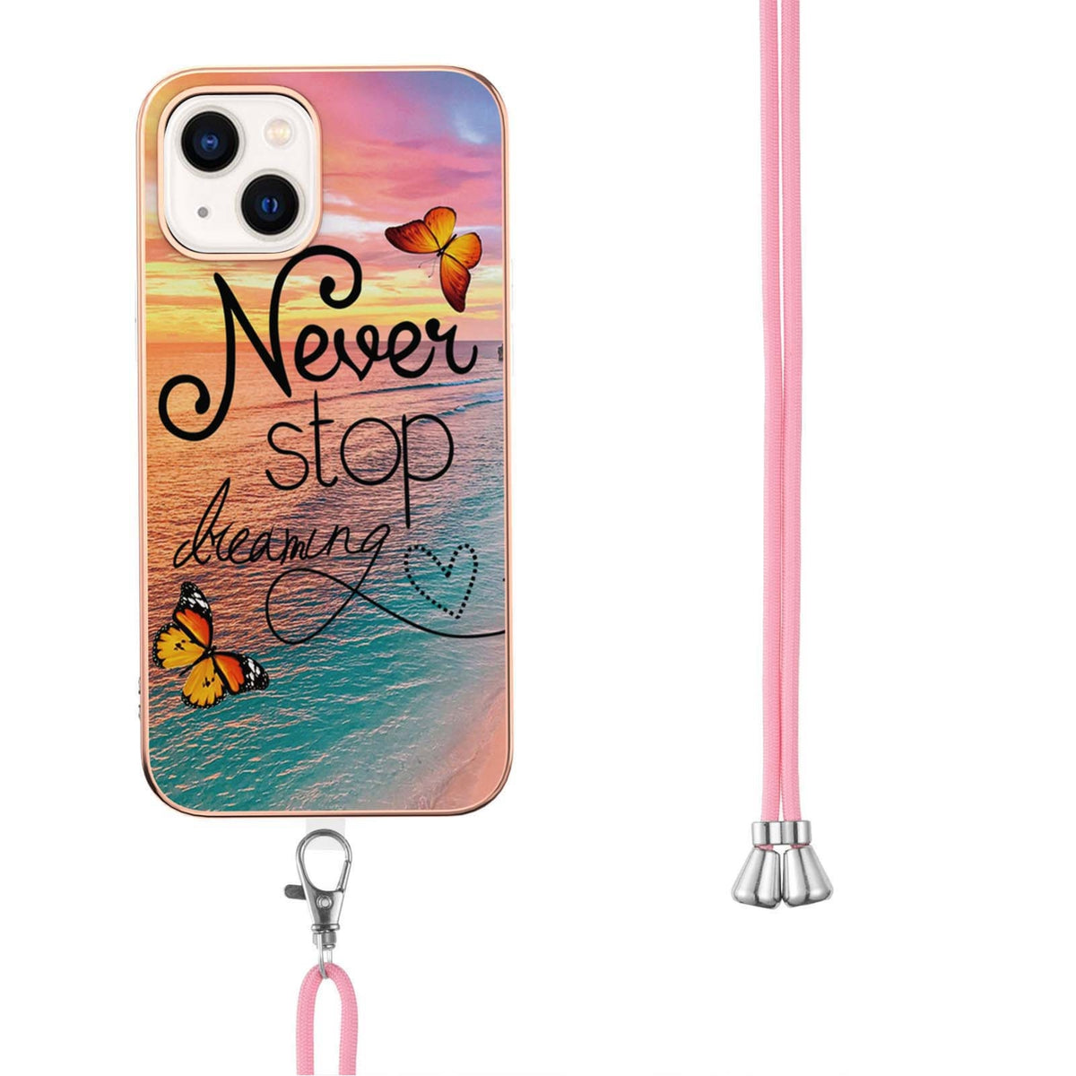 ELECTROPRIME For iPhone 15 Electroplating Pattern IMD TPU Shockproof Case with Neck Lanyard(Dream Chasing Butterfly)