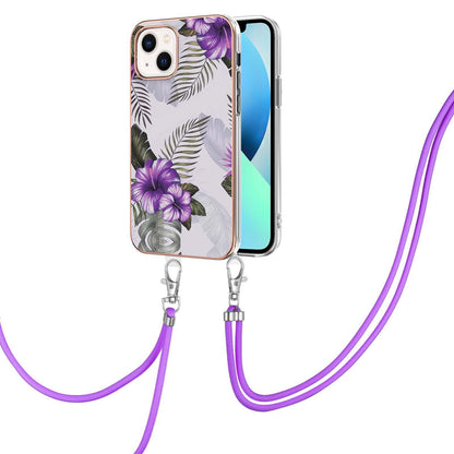 ELECTROPRIME For iPhone 15 Electroplating Pattern IMD TPU Shockproof Case with Neck Lanyard(Purple Flower)