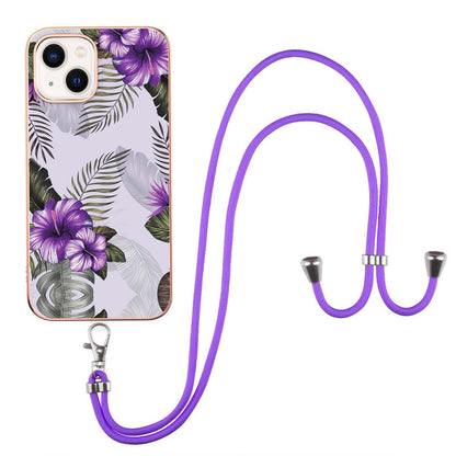 ELECTROPRIME For iPhone 15 Electroplating Pattern IMD TPU Shockproof Case with Neck Lanyard(Purple Flower)