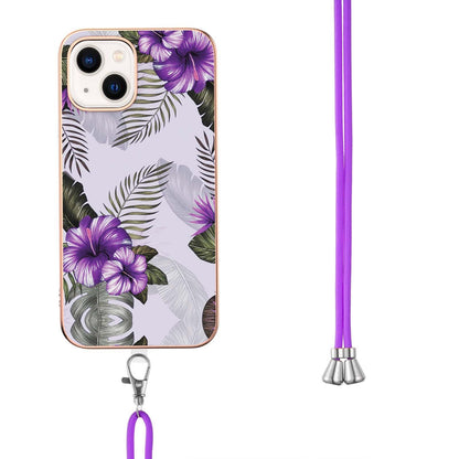 ELECTROPRIME For iPhone 15 Electroplating Pattern IMD TPU Shockproof Case with Neck Lanyard(Purple Flower)